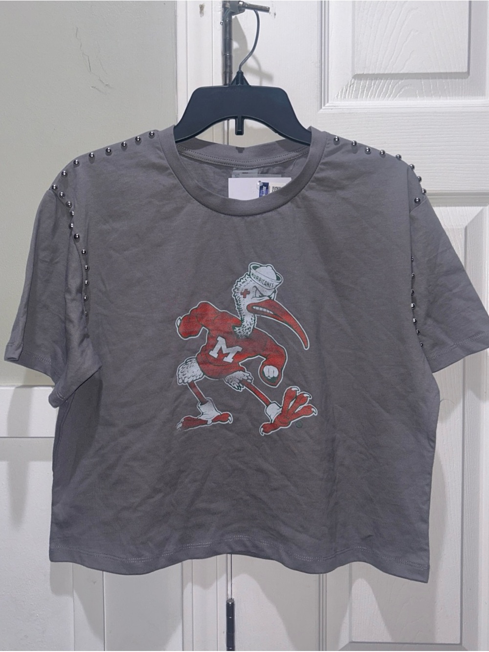 Gameday Couture Gray Graphic Tee with Studded Shoulders Miami Hurricanes NET